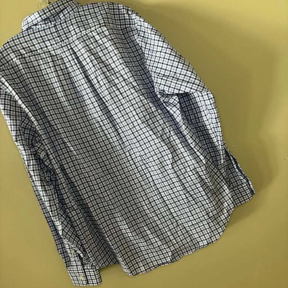 Mens Ralph Lauren Large Collared Dress Shirt Blue Checkered Horse Polo Logo